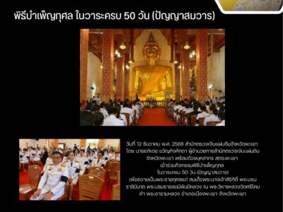 วันที่ 12 ธันวาคม พ.ศ. 2568 สำนักตรวจเงินแผ่นดินจังหวัดพะเยา เข้าร่วมพิธีบำเพ็ญกุศล ในวาระครบ 50 วัน (ปัญญาสมวาร) เพื่อถวายเป็นพระราชกุศลแด่ สมเด็จพระนางเจ้าสิริกิติ์ พระบรมราชินีนาถ พระบรมราชชนนีพันปีหลวง ณ พระวิหารหลวง วัดศรีโคมคำ พระอารามหลวง อำเภอเมือง จังหวัดพะเยา