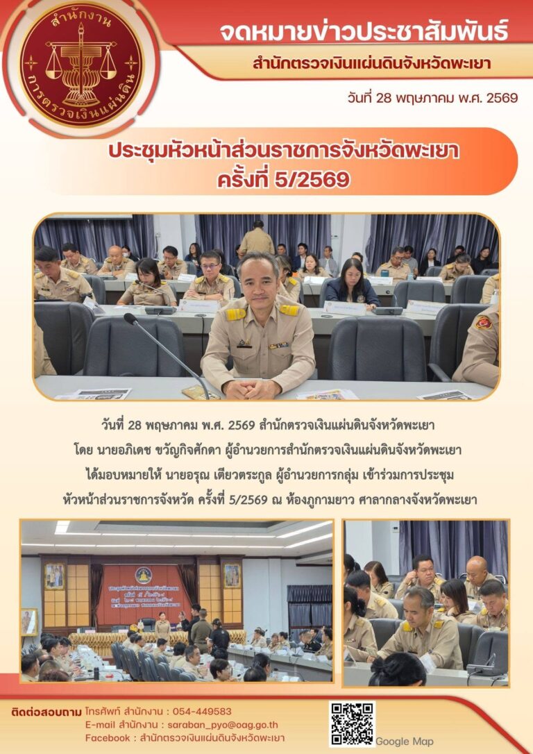 วันที่ 28 พฤษภาคม พ.ศ. 2569 สำนักตรวจเงินแผ่นดินจังหวัดพะเยา  โดย นายอภิเดช ขวัญกิจศักดา ผู้อำนวยการสำนักตรวจเงินแผ่นดินจังหวัดพะเยา  ได้มอบหมายให้ นายอรุณ เตียวตระกูล ผู้อำนวยการกลุ่ม เข้าร่วมการประชุม หัวหน้าส่วนราชการจังหวัด ครั้งที่ 5/2569 ณ ห้องภูกามยาว ศาลากลางจังหวัดพะเยา