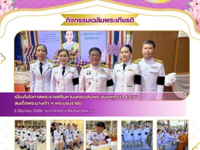 วันที่ 3 มิถุนายน 2569 สำนักตรวจเงินแผ่นดินจังหวัดพะเยา โดย นายอภิเดช ขวัญกิจศักดา ผู้อำนวยการสำนักตรวจเงินแผ่นดินจังหวัดพะเยา พร้อมด้วย ข้าราชการและลูกจ้าง เข้าร่วมกิจกรรมเฉลิมพระเกียรติเนื่องในโอกาสพระราชพิธีมหามงคลเฉลิมพระชนมพรรษา 4 รอบ สมเด็จพระนางเจ้า ฯ พระบรมราชินี 3 มิถุนายน 2569 ณ ศาลาประชาคมจังหวัดพะเยา