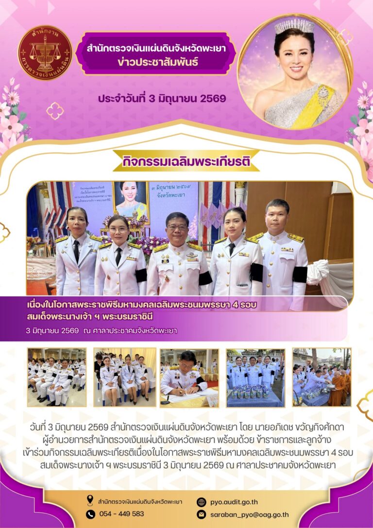 วันที่ 3 มิถุนายน 2569 สำนักตรวจเงินแผ่นดินจังหวัดพะเยา โดย นายอภิเดช ขวัญกิจศักดา ผู้อำนวยการสำนักตรวจเงินแผ่นดินจังหวัดพะเยา พร้อมด้วย ข้าราชการและลูกจ้าง เข้าร่วมกิจกรรมเฉลิมพระเกียรติเนื่องในโอกาสพระราชพิธีมหามงคลเฉลิมพระชนมพรรษา 4 รอบ สมเด็จพระนางเจ้า ฯ พระบรมราชินี 3 มิถุนายน 2569 ณ ศาลาประชาคมจังหวัดพะเยา